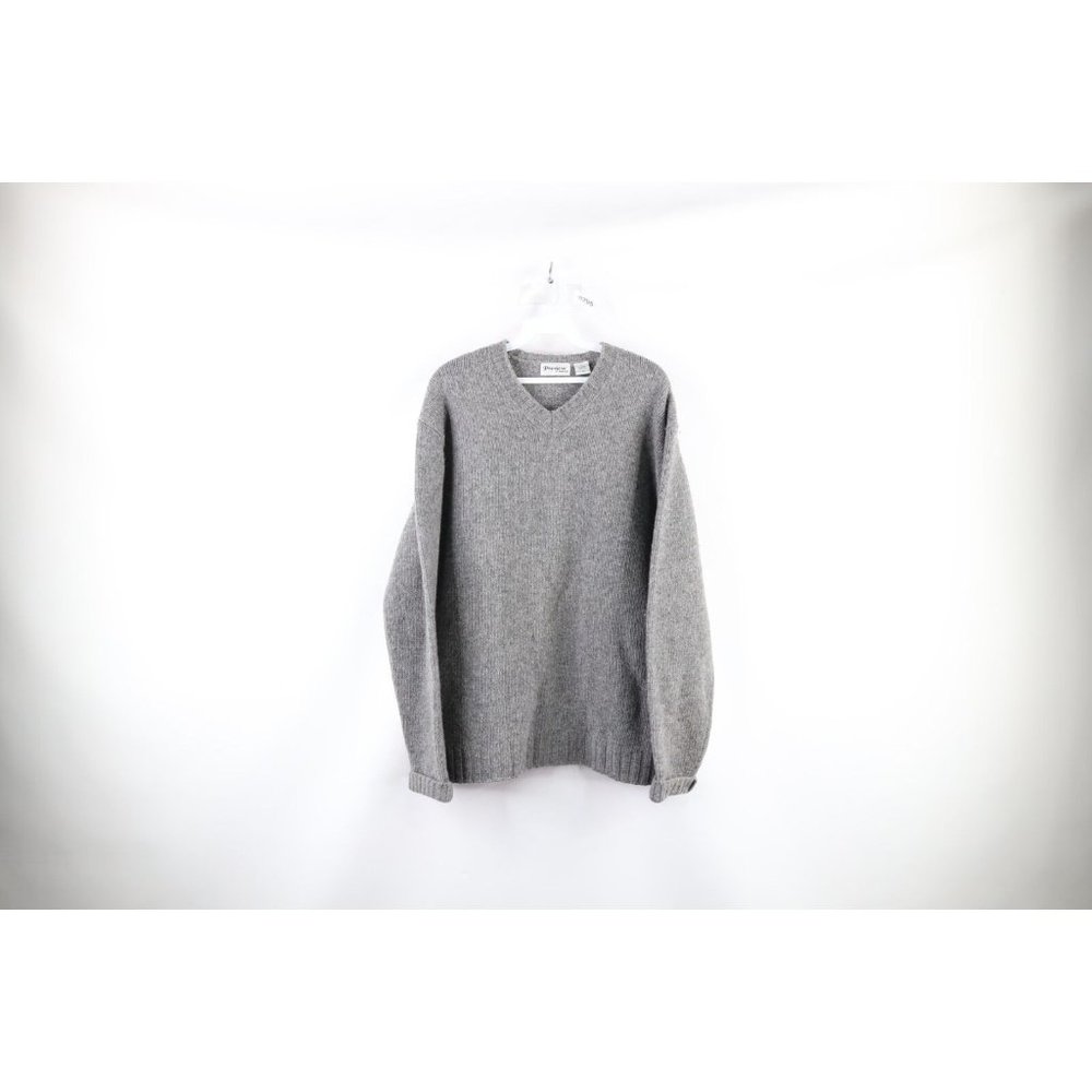Vintage 70s Streetwear Large Blank Lambswool Knit V-Neck Sweater Heather Gray